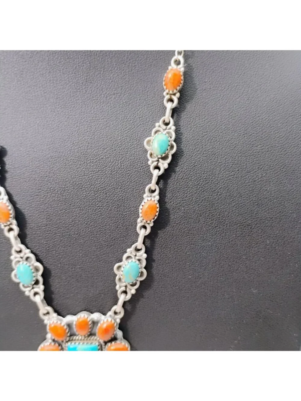 Southwest Turquoise & Orange Coral Cluster Sterling Silver Pendant Necklace